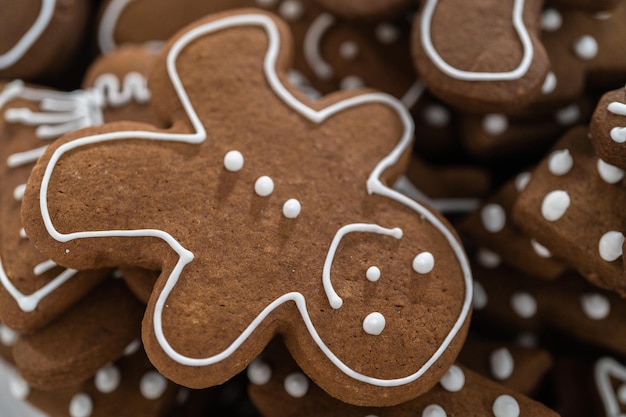 Gingerbread cookies decorated with white royal icing.