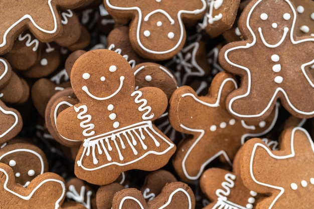 Gingerbread cookies decorated with white royal icing.