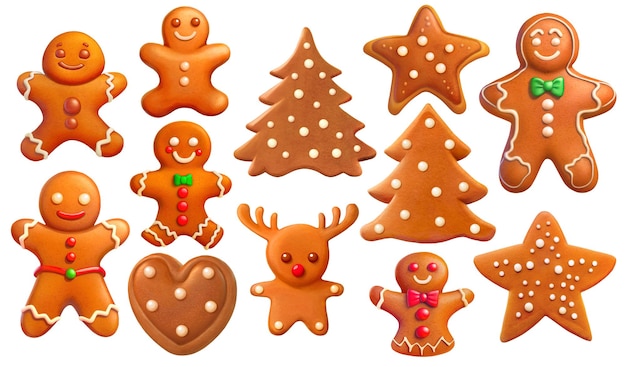 Gingerbread cookies of different shapes Collection of cartoon digital illustrations isolated on white background