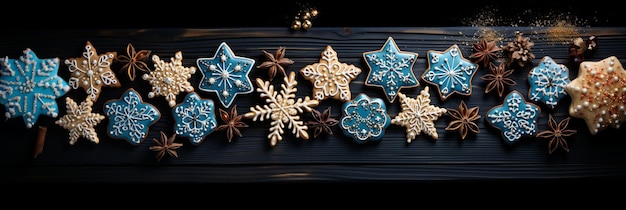 Gingerbread cookies of different shapes and colors making snowflakes shape on dark wooden table