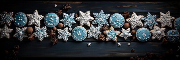 Gingerbread cookies of different shapes and colors making snowflakes on wooden table