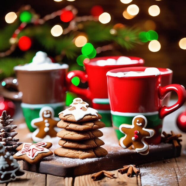 Gingerbread cookies and hot chocolate on a rustic wooden table against Christmas background