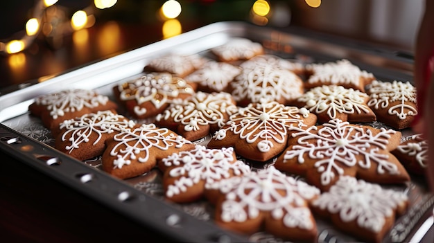 Gingerbread cookies on a kitchen baking sheet on a festive background