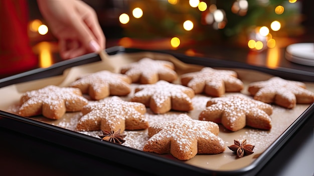 Gingerbread cookies on a kitchen baking sheet on a festive background