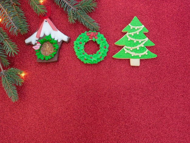 Gingerbread cookies in the shape of a Christmas tree wreath and Christmas details Copy space