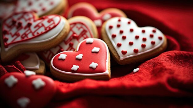 Gingerbread cookies in the shape of hearts on a red background Valentines day