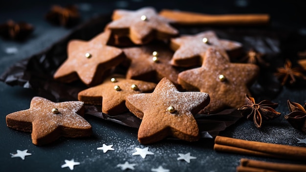 Gingerbread cookies in the shape of stars and cinnamon closeup Christmas concept