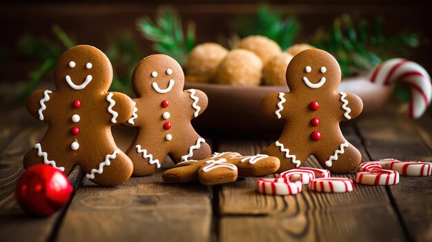 Gingerbread cookies on a table with a basket of cookies in the background