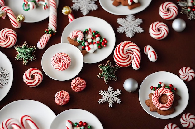 Gingerbread cookies with chrismas decorations on wooden table