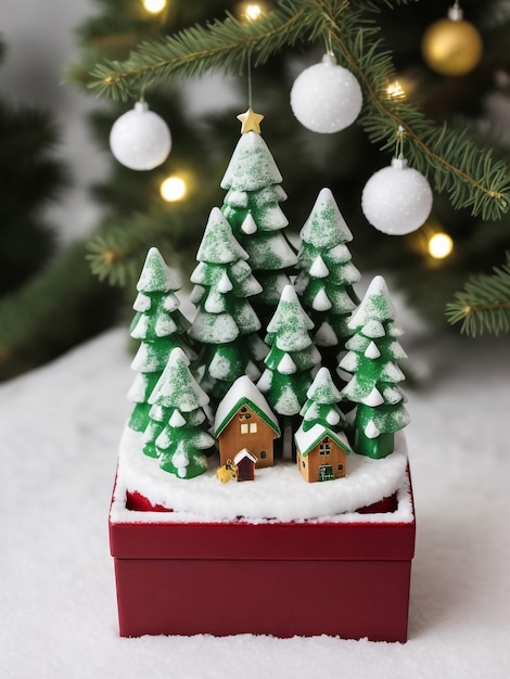 Gingerbread cottage house on real Christmas tree background