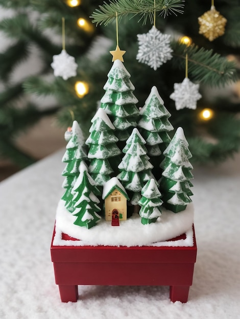 Gingerbread cottage house on real Christmas tree background