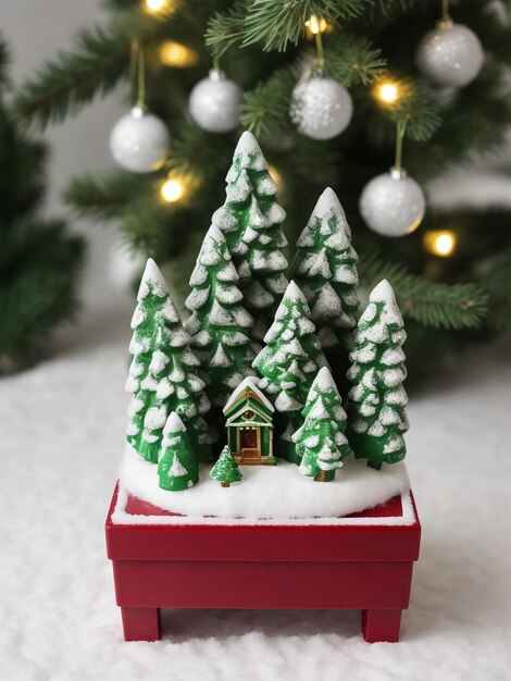 Gingerbread cottage house on real Christmas tree background