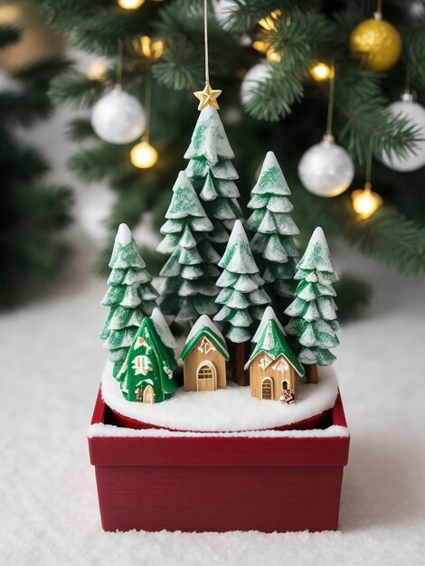 Gingerbread cottage house on real Christmas tree background