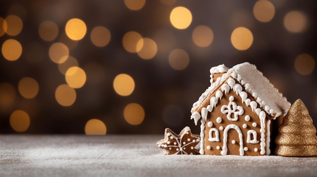 Gingerbread house background Homemade Christmas Gingerbread House on table over blurred bokeh background Christmas background with copy space Happy new year and happy winter holidays concept