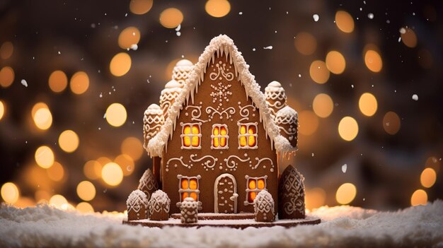 Gingerbread house in a Christmas bakery in white icing New Year's composition bokeh background from lights