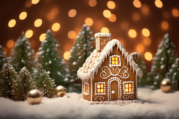 Gingerbread house and christmas tree over shining wall