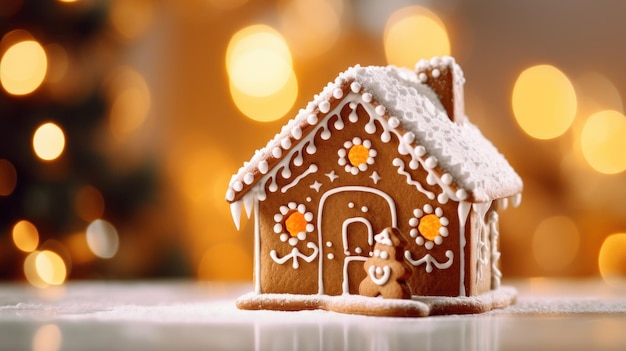 Gingerbread house concept holiday of christmas and happy new year defocused lights