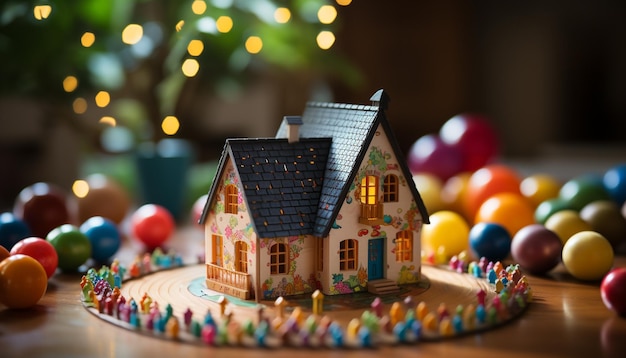 Foto gingerbread house dessert table caramelle colorate fatte in casa celebrazione invernale generata dall'intelligenza artificiale
