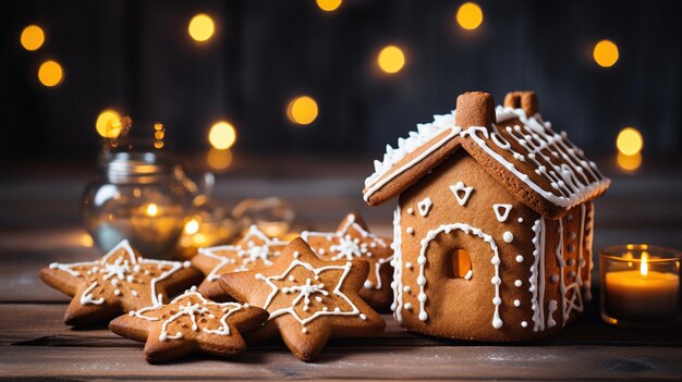 Foto casa di pan di zenzero e biscotti di zenzero su uno sfondo festivo sfocato concetto di natale