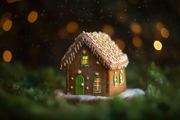 Gingerbread house glitter bokeh in the background