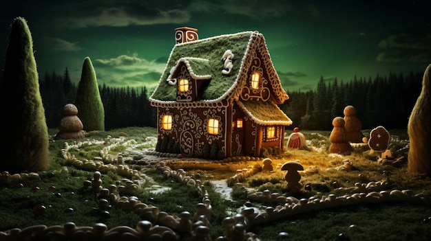 Photo gingerbread house green field night