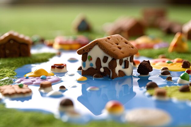 a gingerbread house in a puddle of water