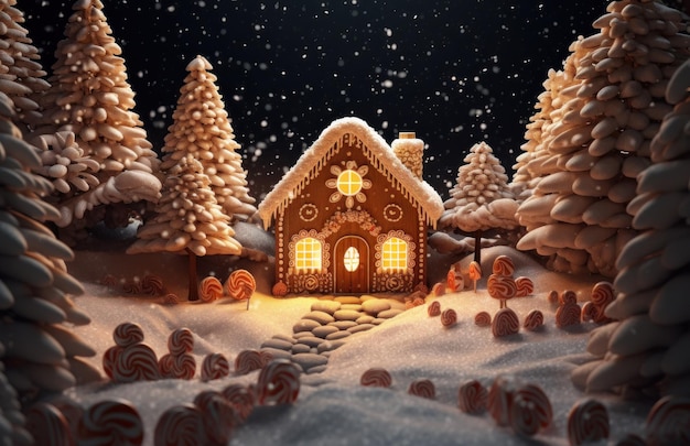 a gingerbread house and snow filled trees on the ground