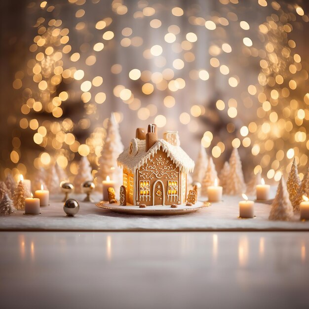 Фото Дом из имбирного хлеба, окруженный новогодними огнями, подготовка к новому году и рождеству