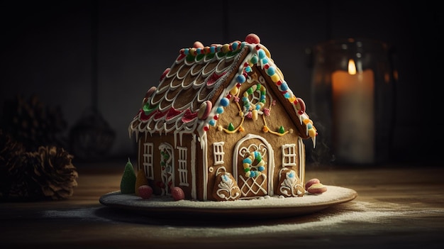 A gingerbread house with a candle lit behind it.