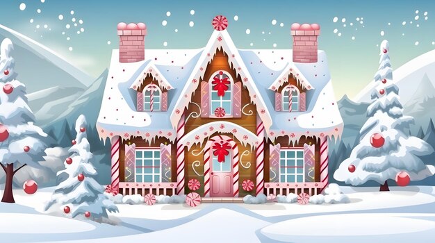 A gingerbread house with candy canes and gumdrops surrounded by snowflakes