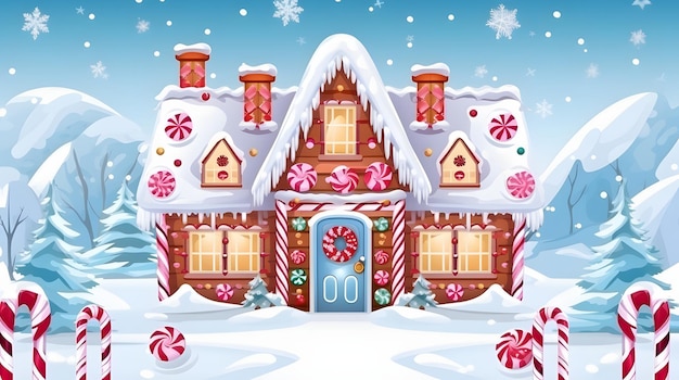 A gingerbread house with candy canes and gumdrops surrounded by snowflakes