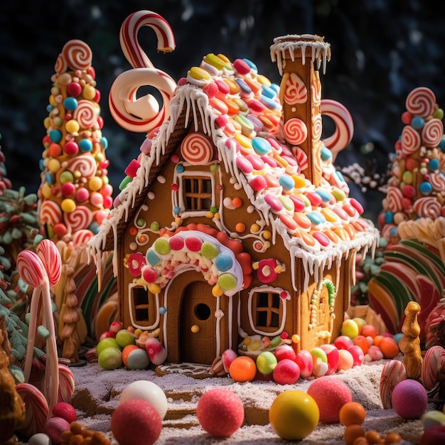 Gingerbread house with candy decorations in a sugarcovered landscape