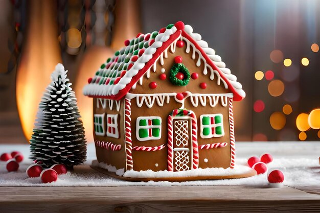 A gingerbread house with a christmas tree in the background.