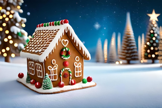 A gingerbread house with a christmas tree on the top.