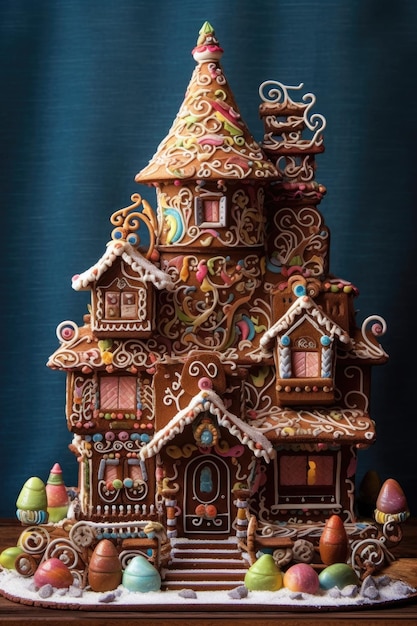 Gingerbread house with intricately detailed frosting and candies created with generative ai