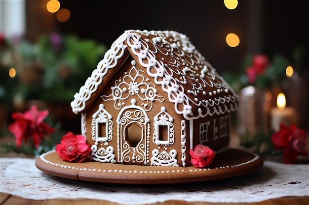 gingerbread house with lights and Christmas tree on the background