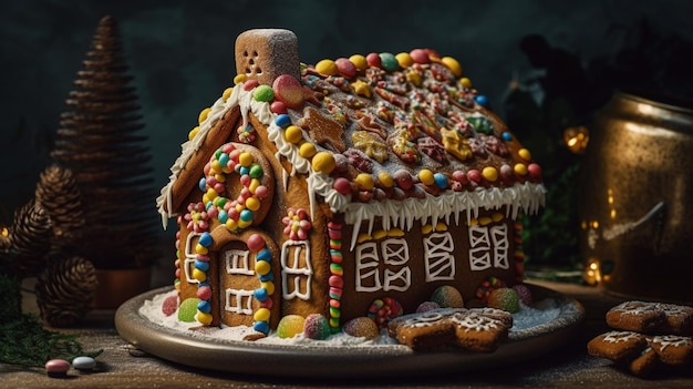 A gingerbread house with a lot of candy on it