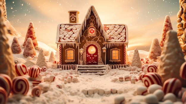 Пряничный домик с красной дверью и окнами на тему Рождества и праздника