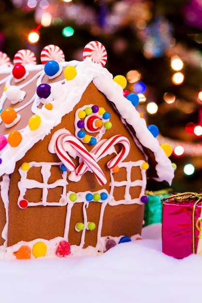 Gingerbread house with small presents.