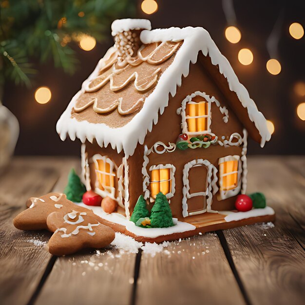 Photo a gingerbread house with a snow covered roof on a wooden table