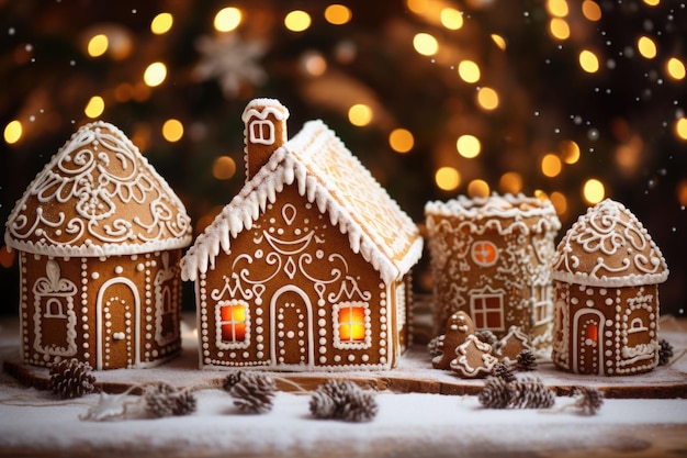 Gingerbread houses in snow with christmas decoration AI generated illustration