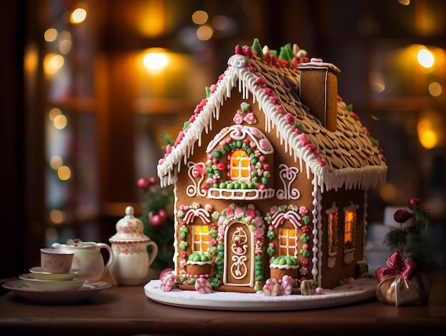 A gingerbread housewith a whimsical gingerbread house