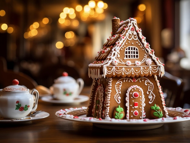 A gingerbread housewith a whimsical gingerbread house