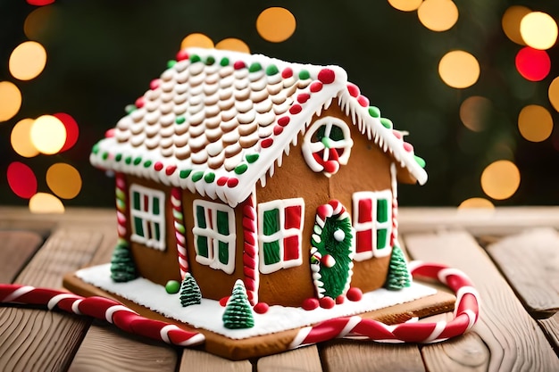 Gingerbread huis met kerstverlichting op de achtergrond.