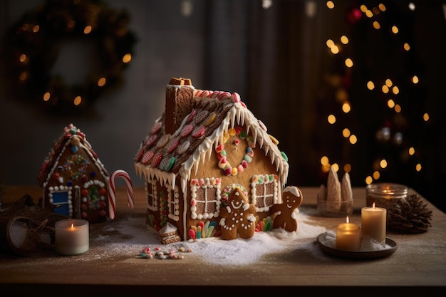 Gingerbread huis omringd door feestelijke decoraties en lekkernijen gemaakt met generatieve ai