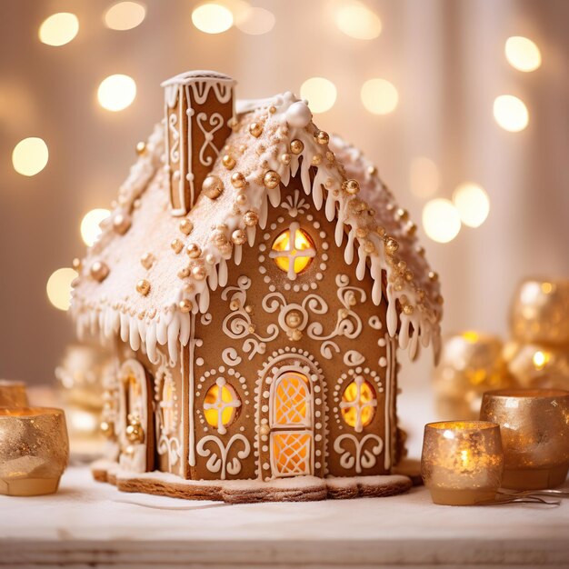 Gingerbread huis omringd door Nieuwjaarsverlichting voorbereiding voor het Nieuwjaar en Kerstmis DIY b