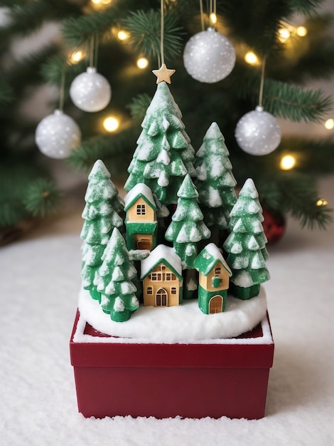 Gingerbread huisje op echte kerstboom achtergrond