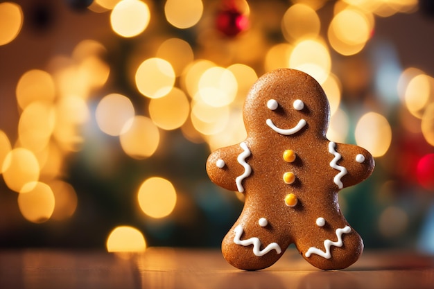 A gingerbread man Christmas ornament made of a browncolored dough and is decorated with icing