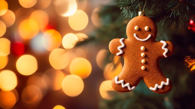 Gingerbread man cookie in decorated christmas tree with bokeh lights copy space ideal for new year