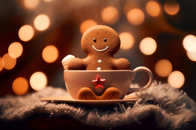 Gingerbread man in een kop warme chocolademelk of cacao AI gegenereerd